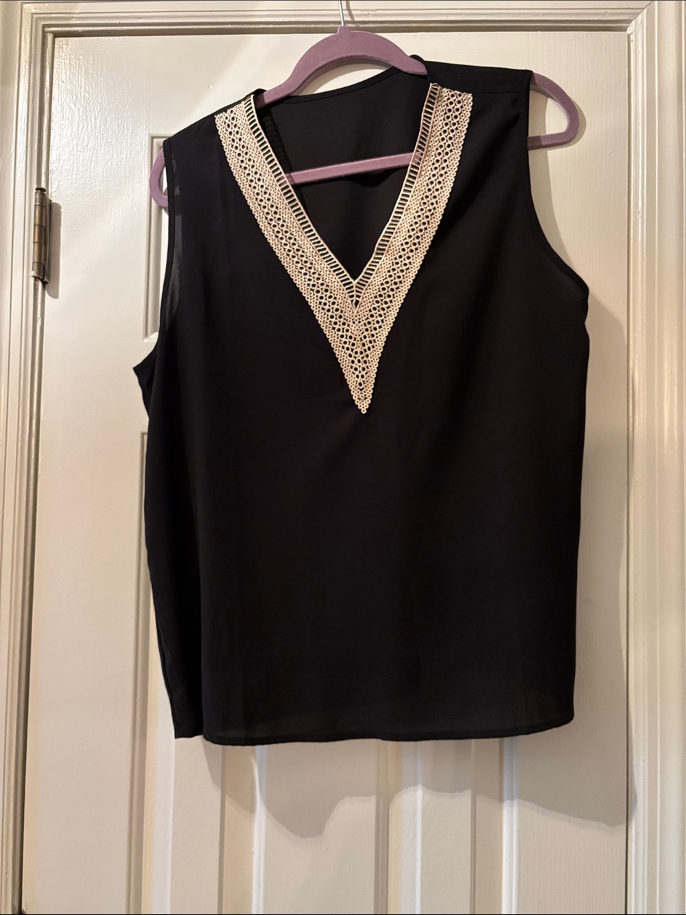 Black Sleeveless V-Neck Top with Ivory Crochet Trim